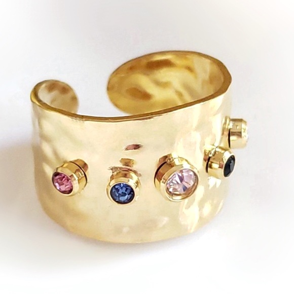 New 18KG FP Cubic Zirconia Rainbow Textured Gold Plated Open Cuff Cocktail Ring - Picture 2 of 15
